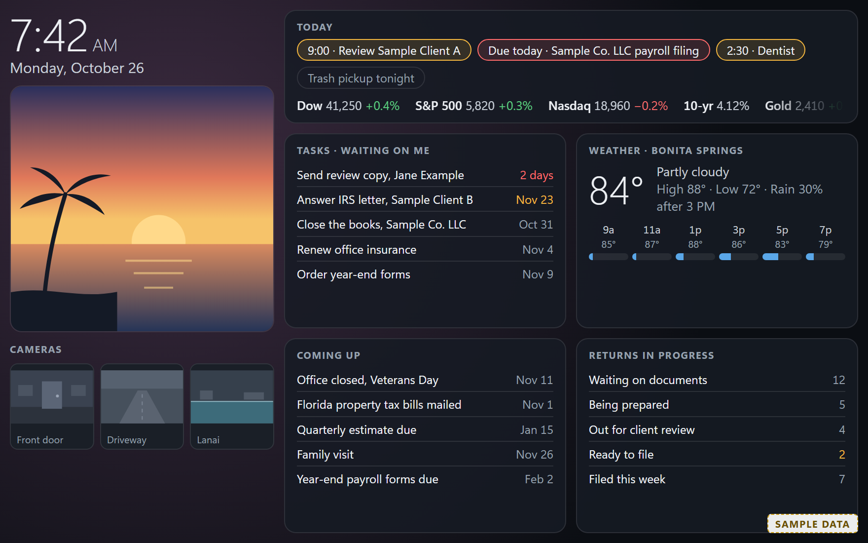 A sample wall dashboard with the time, a sunset picture, camera tiles, today's appointments, tasks, weather, upcoming dates and returns in progress.