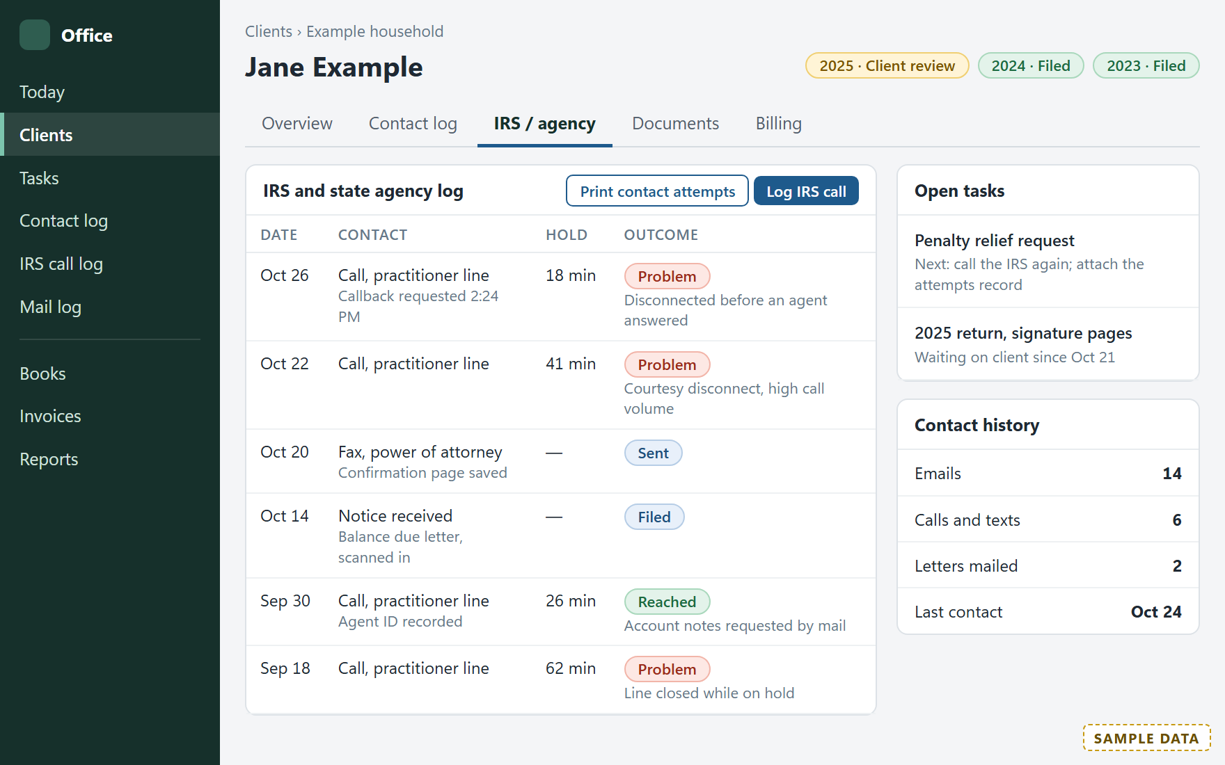 A sample client page showing return status by year, open tasks, contact history, and a log of IRS calls with hold times and outcomes.