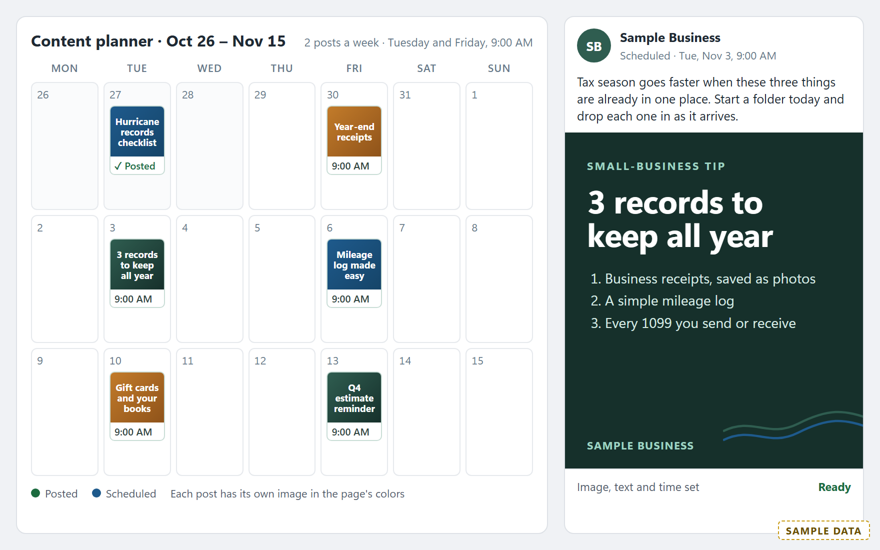 A sample content planner with posts scheduled every Tuesday and Friday, and a preview of one post with its branded image.